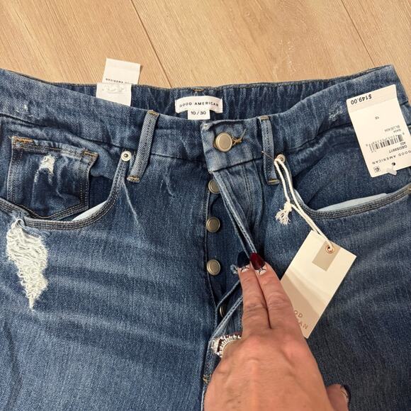 Good American Women’s Good Boy Double Slit Jeans Raw Hem Button Fly Blue Size 10 - Picture 9 of 9